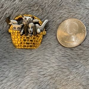 Signed Shields Pewter Dogs and Cats in a Gold Tone Basket Pin Brooch